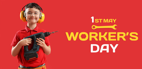 Cute little builder with drill on red background