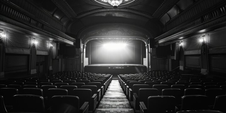 A black and white photo of an empty theater with rows of seats and a stage