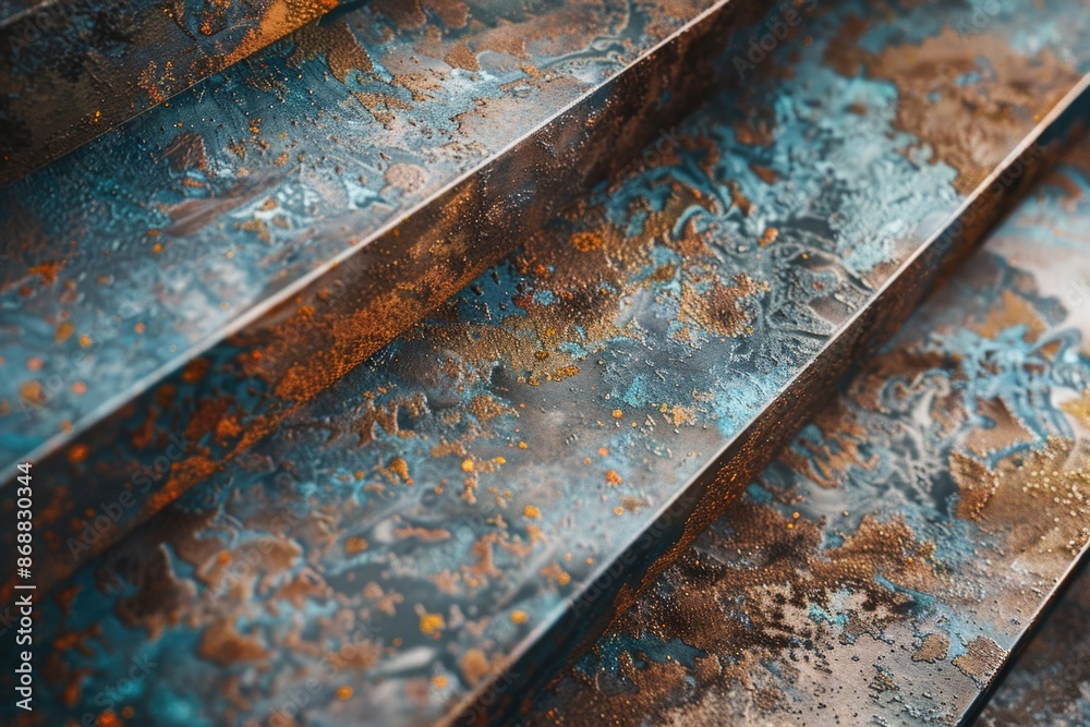 Aufkleber A detailed shot of metal stairs with a worn texture and rusty color, suitable for architectural or industrial use