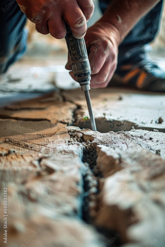 Poster a person works on a wooden project, focusing on a specific piece