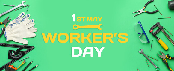 Gloves, protective glasses and different tools on green background. Labor Day celebration