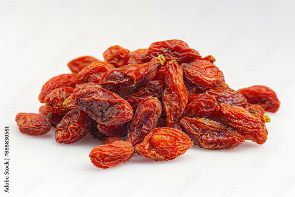 Poster A pile of dried goji berries on a white surface, ideal for health and wellness content