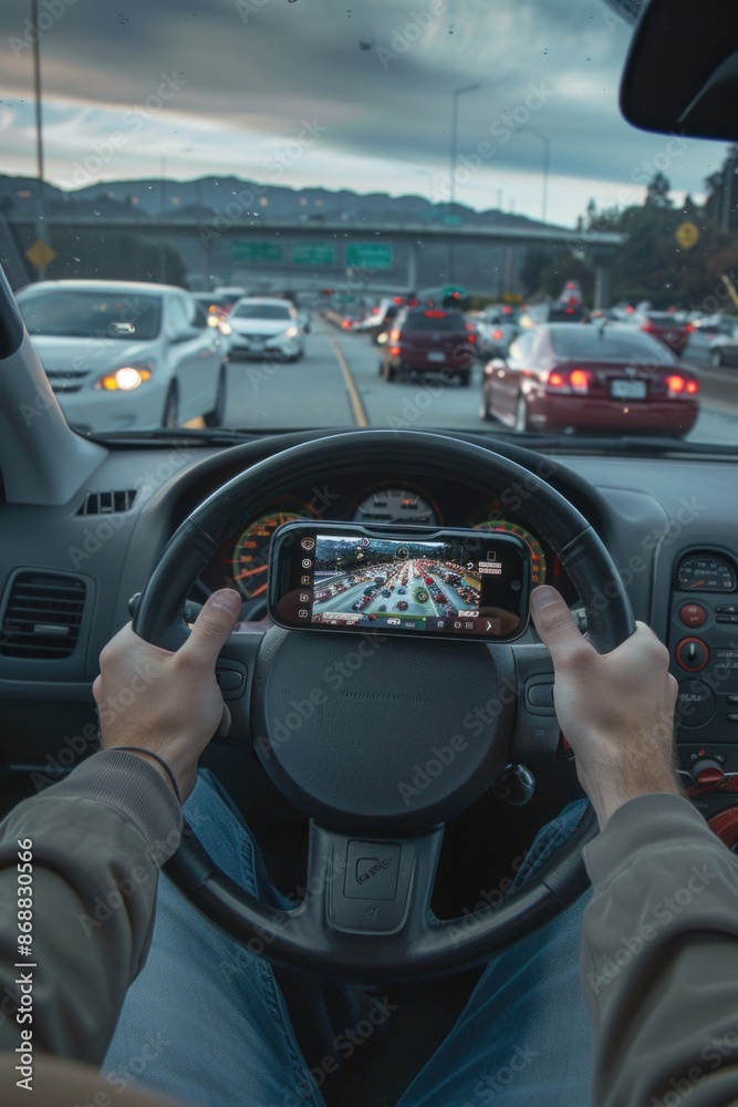 Poster A person driving a car while using their mobile phone, one informative phrase about what pictured on image and a one phrase with a short advice of where may be used this picture