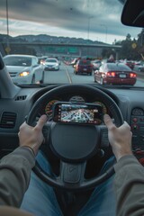 A person driving a car while using their mobile phone, one informative phrase about what pictured on image and a one phrase with a short advice of where may be used this picture