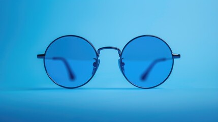 Fototapeta premium A pair of blue sunglasses placed on a blue background, ideal for use in fashion, lifestyle or product photography