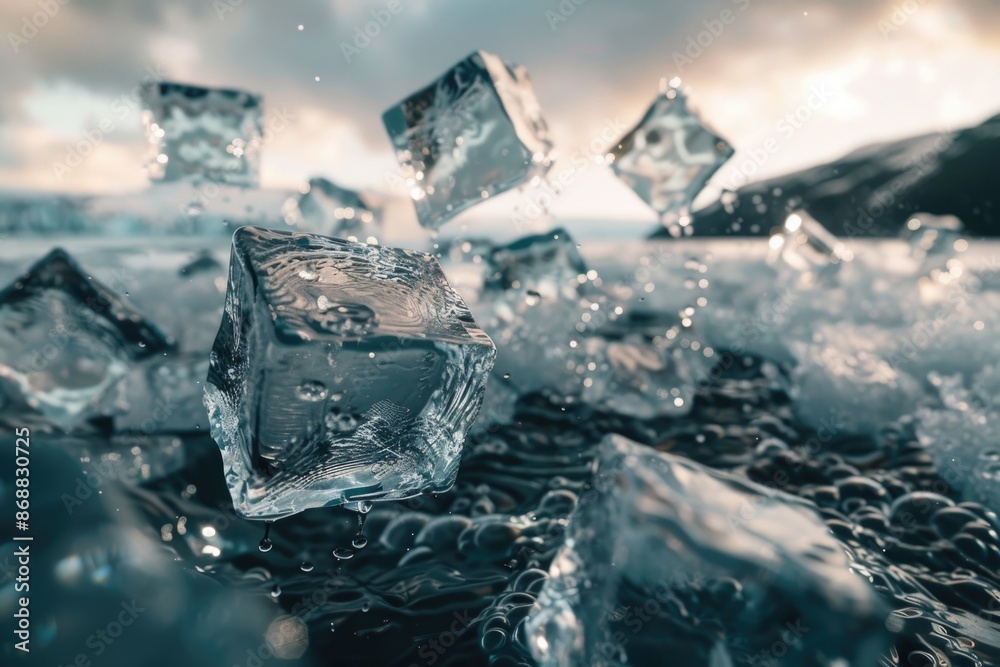 Poster Frozen cubes floating on the surface of water, suitable for use in scenes about winter, cold or refreshing