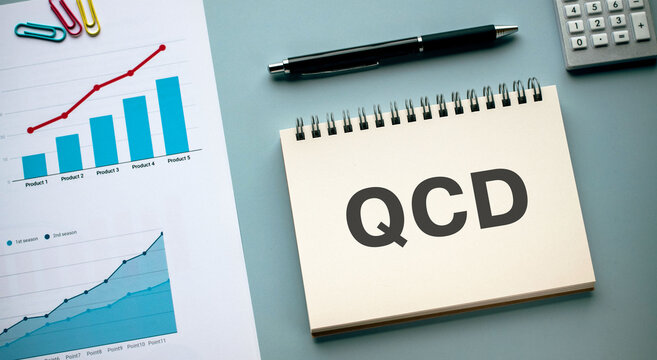 There is notebook with the word QCD. It is an abbreviation for Quality, Cost, Delivery as eye-catching image.