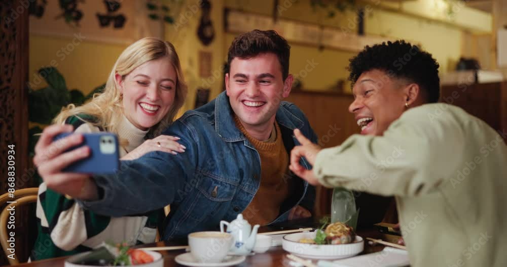 Wall mural happy people, friends and cafe with selfie for memory, moment or photography together at indoor rest