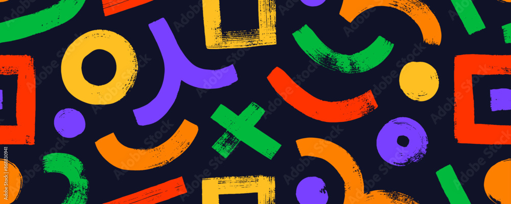 Poster colorful abstract seamless pattern with bold brush drawn geometric shapes and curved lines. abstract