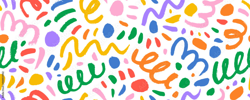 Poster fun crayon doodle lines and dots seamless pattern. creative minimalist style background for children