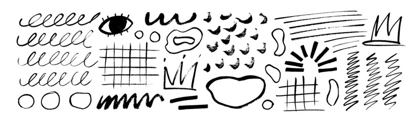 Hand drawn vector crayon various lines, spirals and doodles. Brush drawn crown, eye and grids.