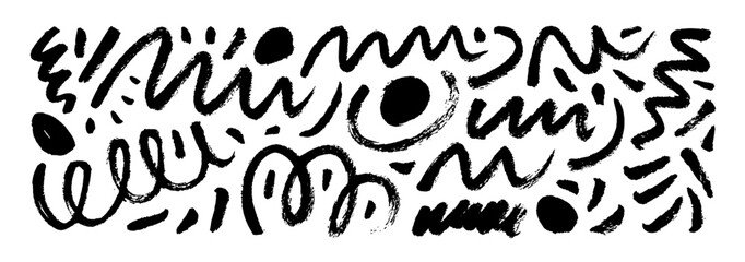 Hand drawn marker scribbles, squiggles, curly lines and bold dots. Brush stroke lines, squiggles, daubs.