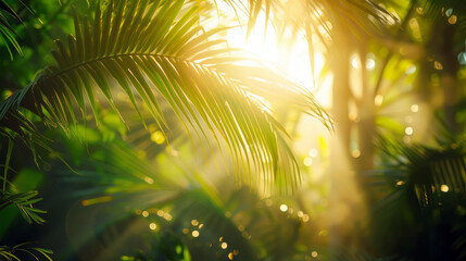 Green palm leaves with sunlight streaming through the leaves in the background with space for text or inscriptions

