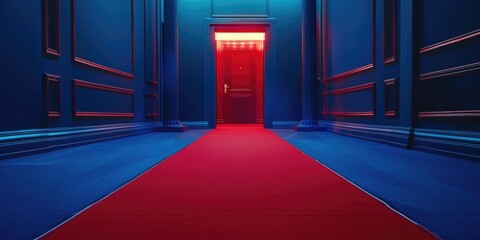 A luxurious hallway with a red carpet and a red door, suitable for use in luxury hotels, spas, or upscale residential properties