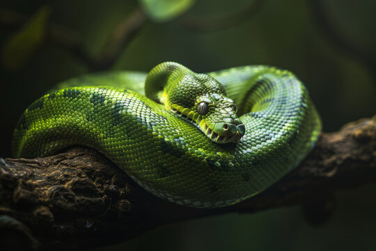 A calm green python lies curled up on a tree branch close-up with space for text or inscriptions
