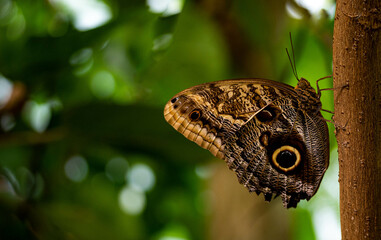 Close up shot of a Yellow-bordered Owl Butterfly on a tree in Artis Zoo, Netherlands, Amsterdam