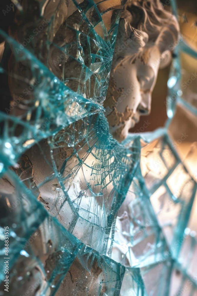 Poster A cracked glass window with a statue standing behind it, possibly in an abandoned or old building