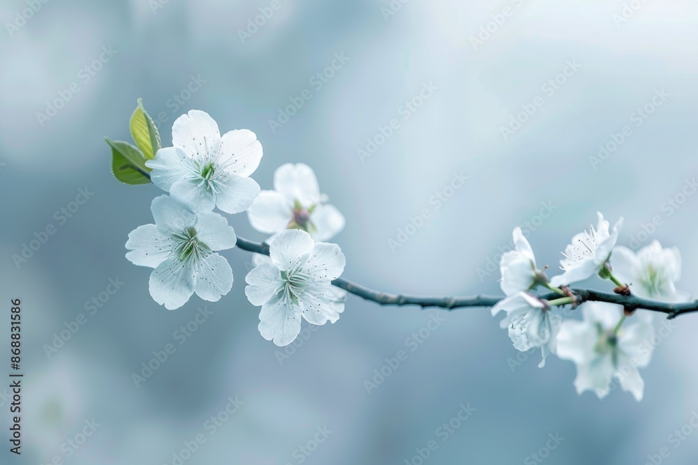 Poster a detailed view of a tree branch covered in white flowers, perfect for decorating or representing sp