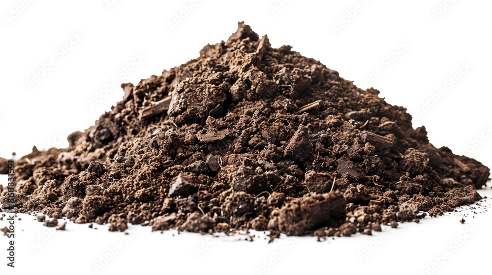 Poster a close-up view of a pile of dirt on a white surface, ideal for use in scientific or educational con
