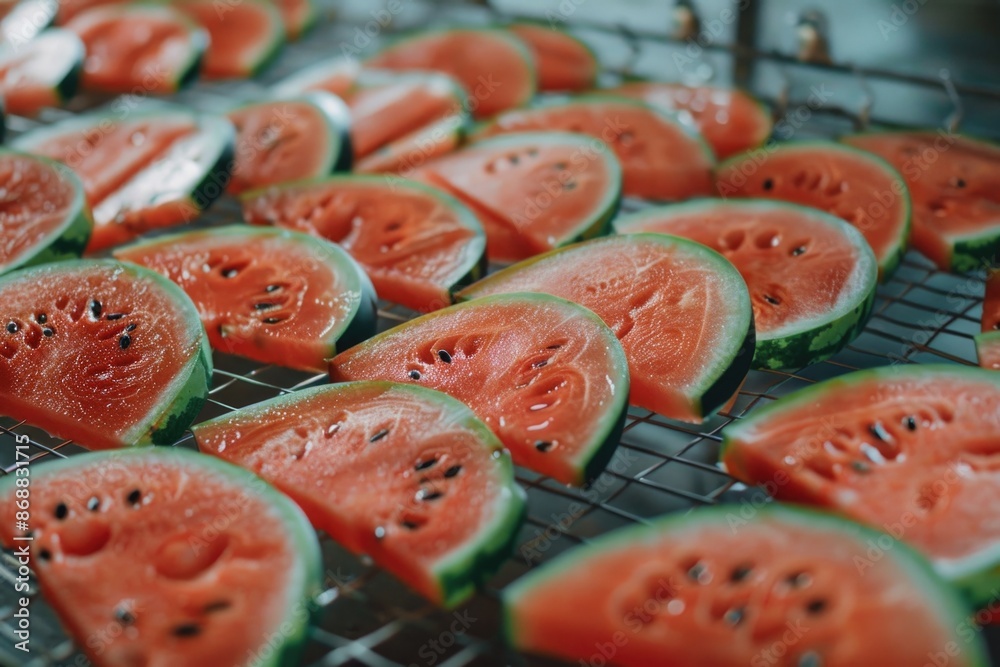 Poster Fresh watermelon slices arranged neatly on a rack, perfect for serving or displaying