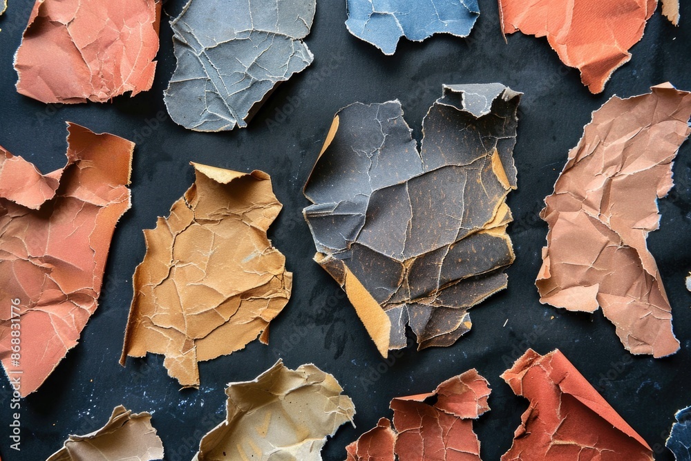Aufkleber A collection of ripped and crumpled papers on a flat surface, suitable for use in scenes where documents are being analyzed or ideas are being brainstormed