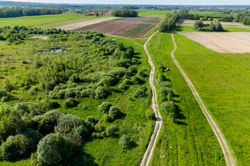 Naklejka premium A view from a height of a country road receding into the distance running between green fields