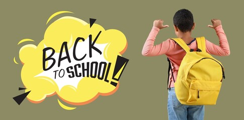 Little African-American boy with backpack on color background. Back to school