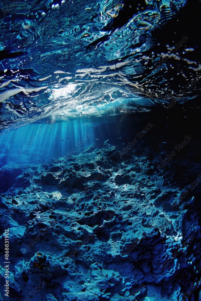 Poster a beautiful sunny day with sunlight shining brightly through the water's surface, suitable for use a