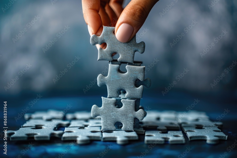 Poster A person assembling a puzzle with a single piece