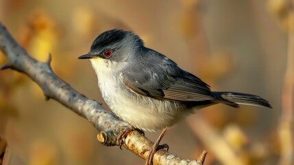 A small bird sitting on the edge of a tree branch, looking around