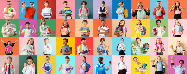 Collage of many schoolchildren on color background