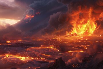 A dramatic volcanic eruption with glowing lava flowing across the landscape. Generative AI