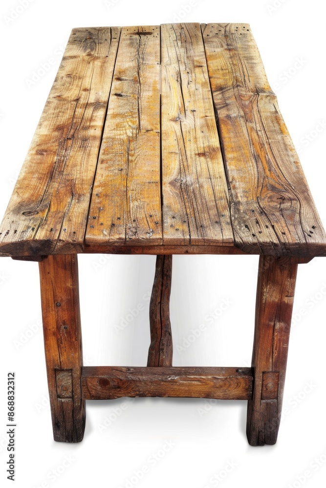 Poster A simple wooden table placed on a clean and empty white floor, ideal for setting up a workspace or display area