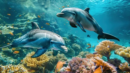 Obraz premium Two Dolphins Navigating Coral Reef with Fish and Sea Plants in an Underwater View