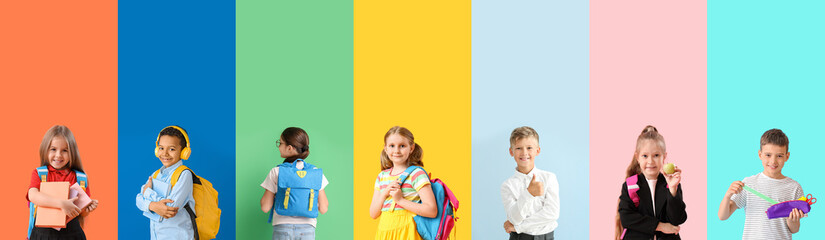 Set of many schoolchildren on color background