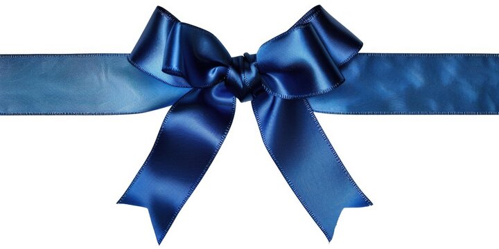 A blue ribbon with a decorative bow on a clean white surface