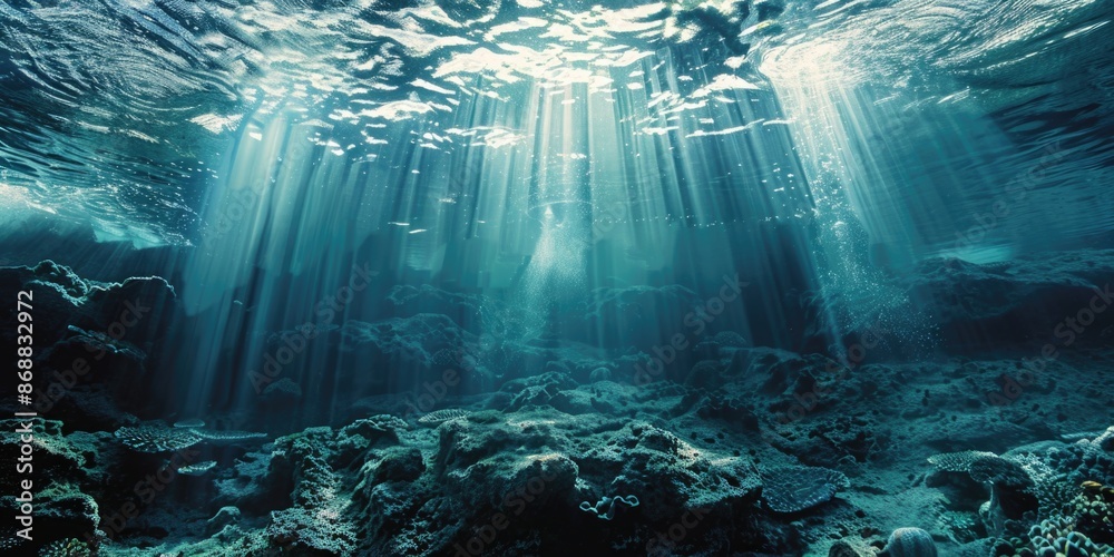 Poster a photograph of sunlight shining through the ripples on the surface of the ocean, perfect for use in