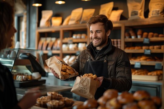 A cheerful baker with a beard and stylish hair, dressed in a black apron and jacket, serves freshly baked pastries to a customer in a cozy bakery. 