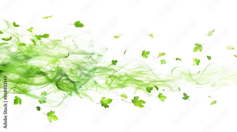 Poster aerial view of green leaves floating through the air, perfect for representing freedom, nature or wh