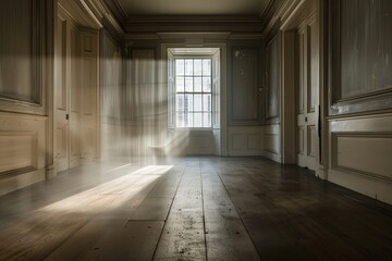 A long, empty hallway with large windows that let in a beam of sunlight, illuminating the wooden floor. Generative AI