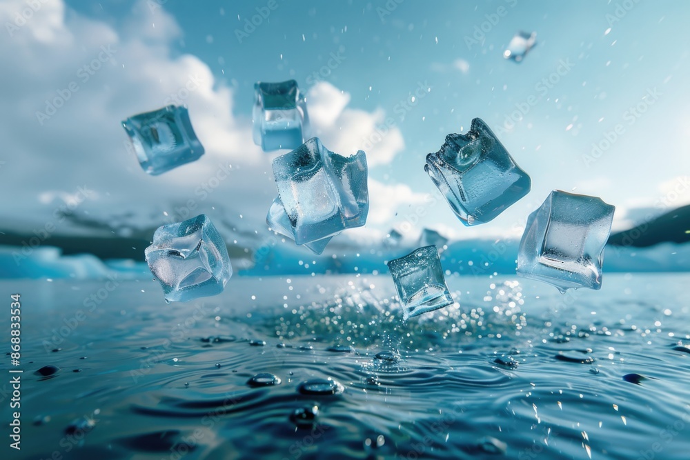 Poster A bunch of ice cubes floating on the surface of the water, creating a visually interesting scene
