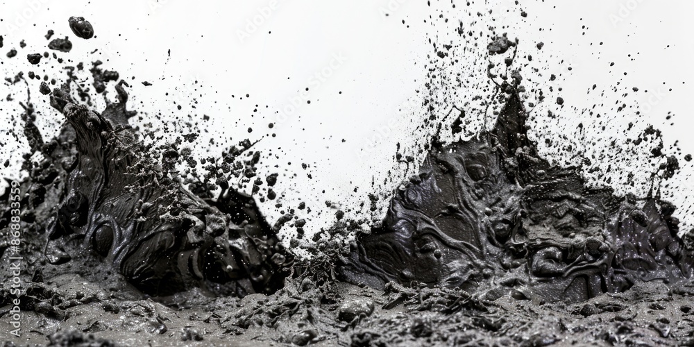 Poster a close-up view of a muddy pile in monochrome