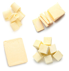 Collage of fresh butter on white background, top view