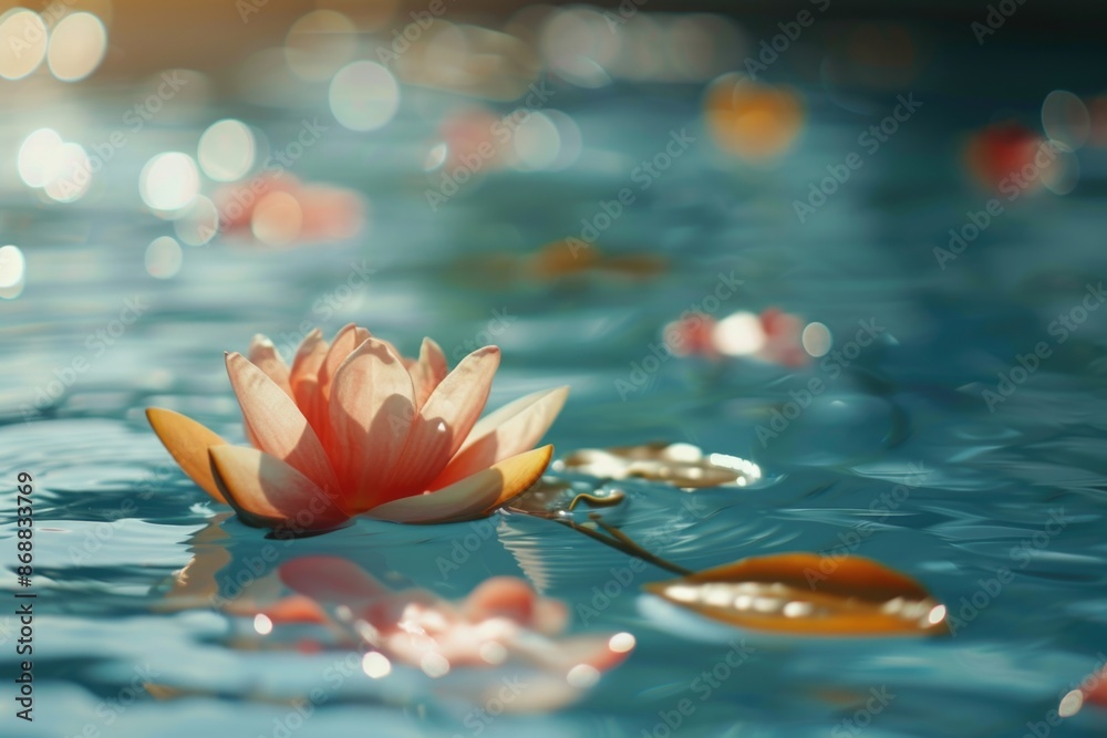 Poster a delicate flower floating on the surface of calm water, perfect for use in nature or relaxation the