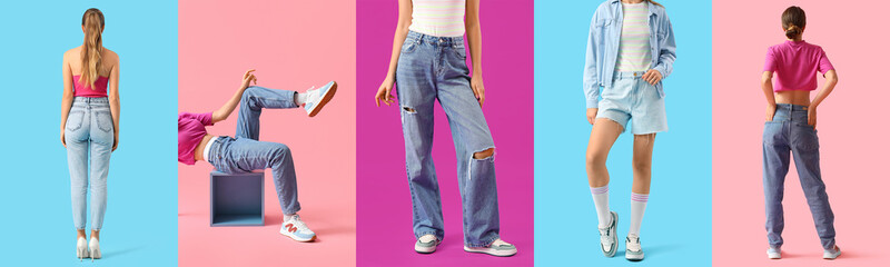 Naklejka premium Set of young woman in stylish denim clothes on color background