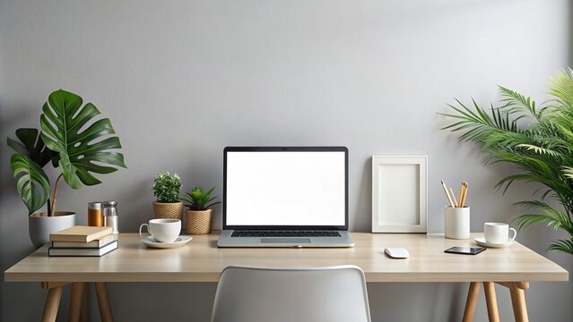 Oficina minimalista con computadora y pantalla en blanco, concepto de dise&ntilde;ador gr&aacute;fico o trabajo remoto