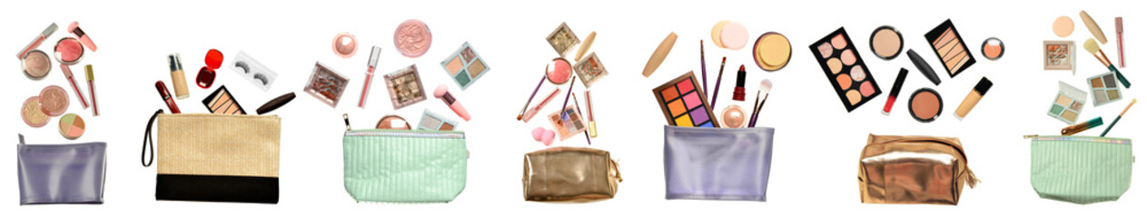 Set of flying makeup cosmetics and accessories with bags on white background