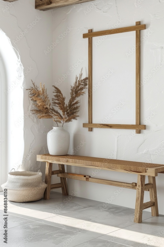 Poster a simple yet elegant scene featuring a wooden bench accompanied by a white vase, perfect for use in 