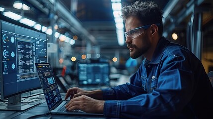 Fototapeta premium Car Factory Engineer in Work Uniform Using Laptop Computer with Spreadsheet Software. 