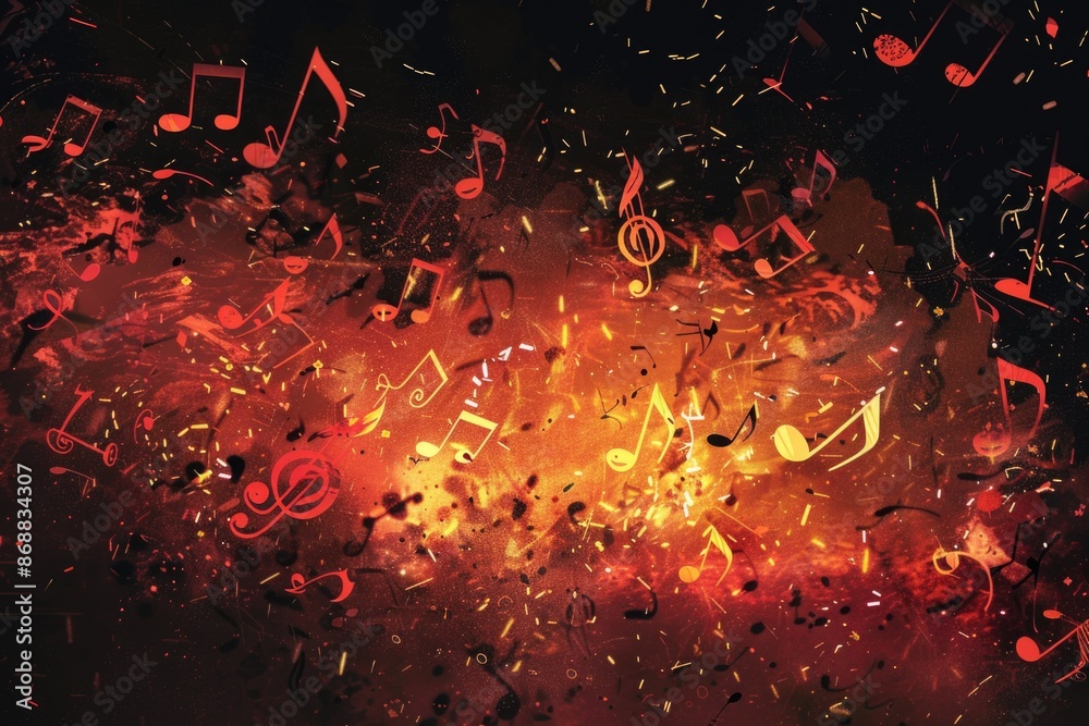 Poster a vibrant and dynamic image of musical notes bursting into the air
